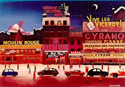 AK / Ansichtskarte  Paris_75 Galerie naifs et primitifs Kuenstlerkarte Monique Valdeneige Moulin Rouge la nuit