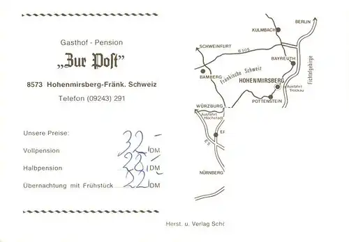 AK / Ansichtskarte  Hohenmirsberg_Pottenstein Gasthof Pension Zur Post Gastraum Aussichtsturm