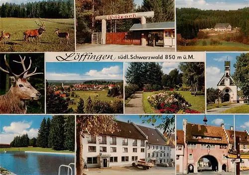 AK / Ansichtskarte  Loeffingen Wildpark Loeffingen Hirsche Eingang Panorama Park Kirche Schwimmbad Gasthaus Stadttor