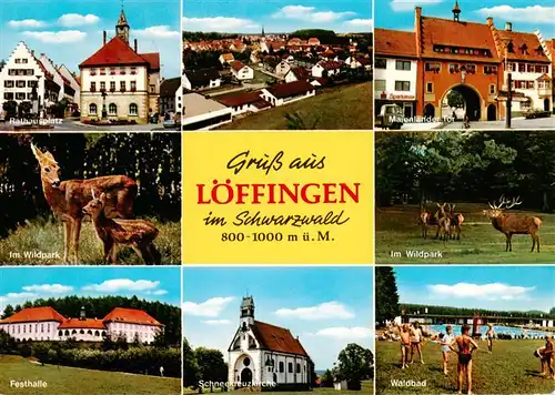 AK / Ansichtskarte 73932544 Loeffingen Rathausplatz Mailaender Tor Wildpark Rehe Hirsche Festhalle Schneekreuzkirche Waldbad