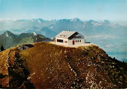 AK / Ansichtskarte 73932577 Hochrieshuette_Hochriesshuette_1569m_Rosenheim Berghuette Panorama Blick gegen Karwendel Rotwand Zugspitze und Wendelstein