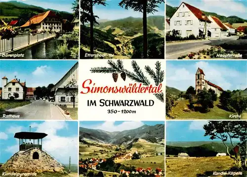 AK / Ansichtskarte 73932586 Simonswald_Simonswaeldertal Ortsansichten Baerenplatz Rathaus Hauptstrasse Kirche Kandel Pyramide Kapelle Panorama Ettersbachtal Schwarzwald