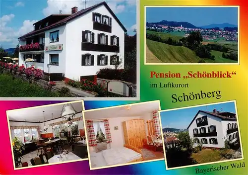 AK / Ansichtskarte 73932675 Schoenberg_Bayerischer_Wald Panorama Pension Schoenblick Gastraum Zimmer