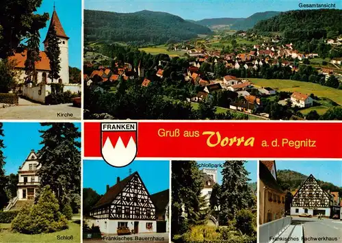 AK / Ansichtskarte 73932677 Vorra_Pegnitz Kirche Panorama Schloss Fraenkisches Bauernhaus Schlosspark