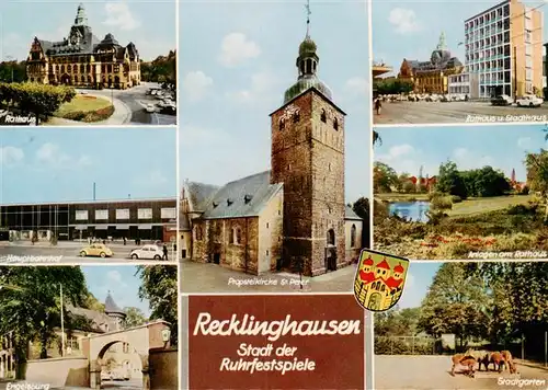 AK / Ansichtskarte  Recklinghausen__Westfalen Rathaus Hauptbahnhof Propsteikirche St Peter Stadthaus Anlagen Stadtgarten 