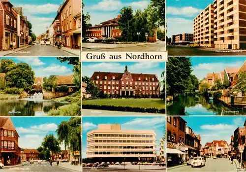 AK / Ansichtskarte 73933062 Nordhorn Strassenpartien Oelmuehle Hallenschwimmbad Rathaus Partie an der Vechte Hochhaus Bahnhof