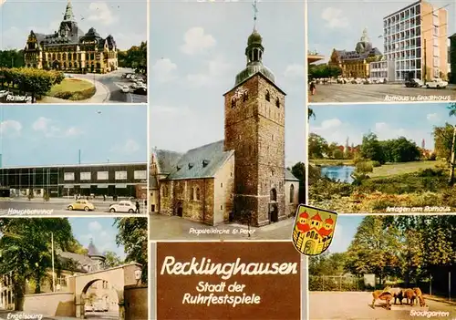 AK / Ansichtskarte 73933163 Recklinghausen__Westfalen Rathaus Hauptbahnhof Engelsburg Propsteikirche St Peter Rathaus Anlagen Stadtgarten