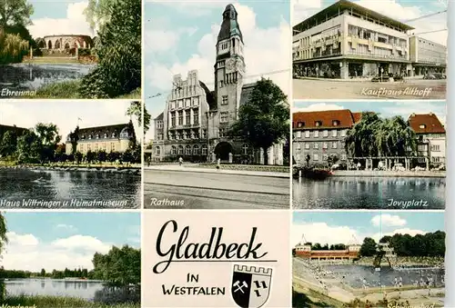 AK / Ansichtskarte 73933167 Gladbeck Ehrenmal Haus Wittringen Nordpark Rathaus Kaufhaus Althoff Jovyplatz Schwimmbad