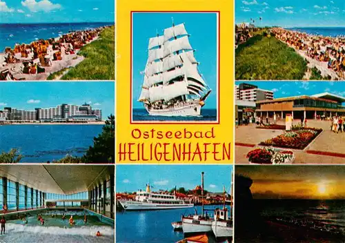 AK / Ansichtskarte  Heiligenhafen_Ostseebad Strandpartien Wellenbad Fahrgastschiff Dreimastsegler Halle