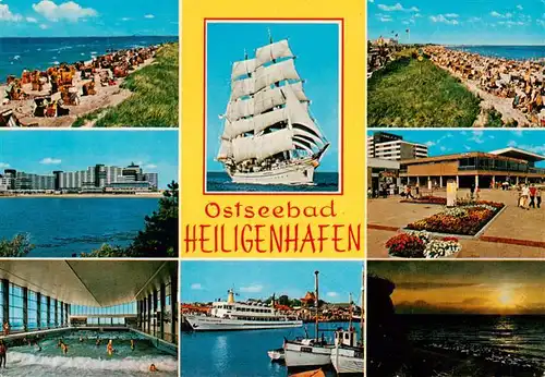 AK / Ansichtskarte  Heiligenhafen_Ostseebad Strandpartien Wellenbad Fahrgastschiff Dreimastsegler Halle