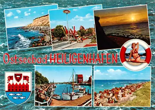 AK / Ansichtskarte 73933208 Heiligenhafen_Ostseebad Steilkueste Fahnen Sonnenuntergang Fischkutter Strandpartie