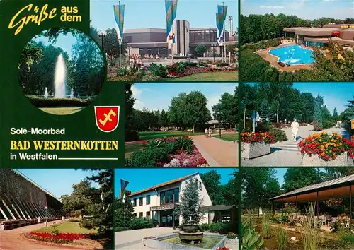 AK / Ansichtskarte 73933243 Bad_Westernkotten Fontaene Kurhaus Saline Park Freibad Teich