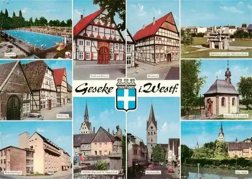 AK / Ansichtskarte  Geseke Freibad Hellweg Krankenhaus Fachwerkhaus Museum Denkmal an der Marienschule Maria Hilf Kapelle Stiftskirche und St Nepomuk Bachstrasse Am Teich