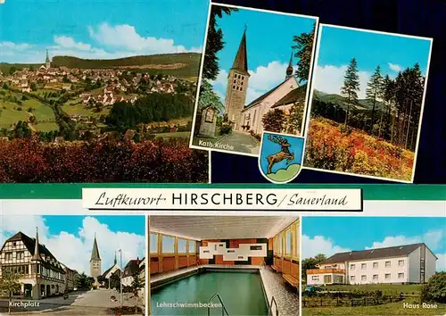 AK / Ansichtskarte 73933248 Hirschberg__Sauerland_Warstein Panorama Kath Kirche Kirchplatz Lehrschwimmbecken Haus Rose