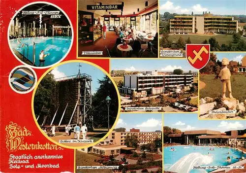 AK / Ansichtskarte 73933255 Bad_Westernkotten Hellweg Sole Thermen Vitaminbar Sanatorium Wiesengrund Saline Sanatorium Solequelle Steinmaennchen Sanatorium Muehlenweg Sole Thermen