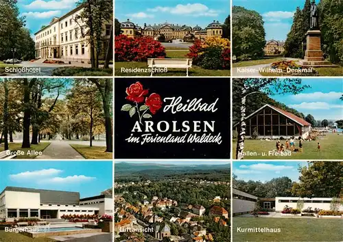 AK / Ansichtskarte  Arolsen_Bad Schlosshotel Residenzschloss Kaiser Wilhelm Denkmal Grosse Allee Hallen und Freibad Buergerhaus Fliegeraufnahme Kurmittelhaus