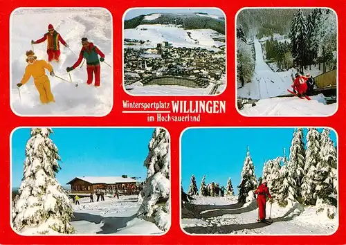 AK / Ansichtskarte 73933293 Willingen_Sauerland Skifahrer Panorama Sprungschanze Berggasthaus 
