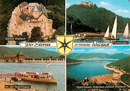 AK / Ansichtskarte 73933327 Waldeck__Edersee Schloss Waldeck Yachthafen An der Sperrmauer Ederseepartie mit Schloss Waldeck Fliegeraufnahme