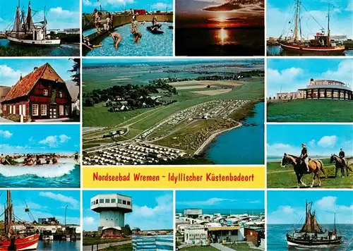 AK / Ansichtskarte 73933372 Wremen Fischkutter Hafen Sonnenuntergang Strandhalle Reiten Campingplatz