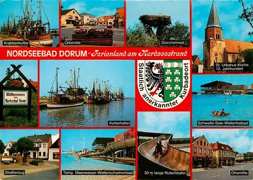 AK / Ansichtskarte  Dorum_Nordseebad Krabbenkutter Ortsmitte Storchennest Kirche Hafen Freibad Rutschbahn