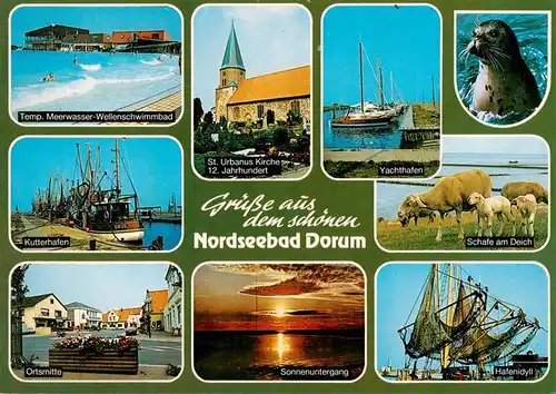 AK / Ansichtskarte  Dorum_Nordseebad Freibad Kirche Yachthafen Kutterhafen Schafe Deich Ortsmitte Sonnenuntergang Hafenidyll