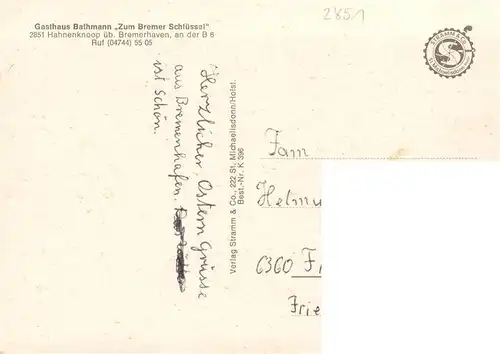 AK / Ansichtskarte  Hahnenknoop_Loxstedt_Bremerhaven Gasthof Bathmann Zum Bremer Schluessel Garten
