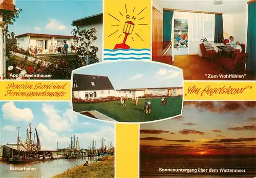 AK / Ansichtskarte 73933671 Spieka Appartementhaeuser Zum Wohlfuehlen Kutterhafen Sonnenuntergang ueber dem Wattenmeer