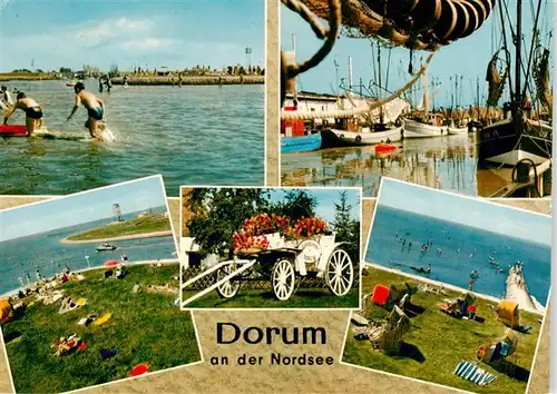 AK / Ansichtskarte 73933672 Dorum_Nordseebad Strandpartien Blumenwagen Kutterhafen
