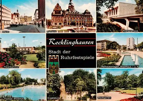 AK / Ansichtskarte 73933698 Recklinghausen__Westfalen Markt Hauptbahnhof Freibad Mollbeck Rathaus Engelsburg Festspielhaus Rathausanlagen Stadtgarten