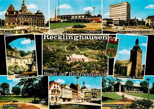 AK / Ansichtskarte 73933720 Recklinghausen__Westfalen Rathaus Hauptbahnhof Lohtor Engelsburg Festspielhaus Propsteikirche St Peter Stadtgarten Markt Ruhrfestspielhaus