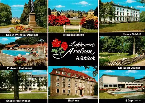 AK / Ansichtskarte 73933796 Arolsen_Bad Kaiser Wilhelm Denkmal Residenzschloss Neues Schloss Freibad Kleingolf Stadtkrankenhaus Rathaus Buergerhaus