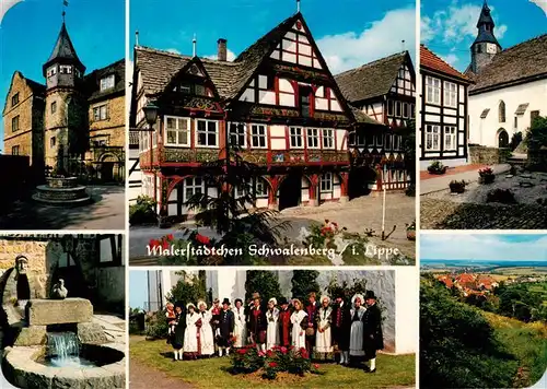 AK / Ansichtskarte 73933804 Schwalenberg Burg Rathaus ev Kirche Volkwinbrunnen Tanz und Trachtengilde Ortsansicht