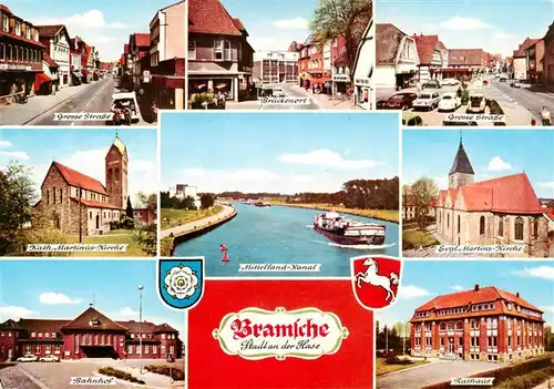 AK / Ansichtskarte  Bramsche_Hase Grosse Strasse Brueckenort Kath Martinus Kirche Mittelland Kanal Ev Martins Kirche Bahnhof Rathaus