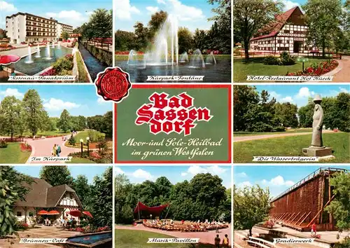 AK / Ansichtskarte 73934240 Bad_Sassendorf Rosenau Sanatorium Kurpark Fontaene Hotel Restaurant Hof Hueck Wassertraegerin Brunnen Cafe Musik Pavillon Gradierwerk