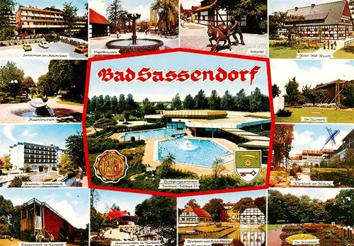 AK / Ansichtskarte  Bad_Sassendorf Sanatorium Malerwinkel Vogelbrunnen Salzesel Hotel Hof Hueck Pfauenbrunnen Rosenau Sanatorium Bewegungsbad Kurklinik am Hellweg
Gradierwerk Musikpavillon Kursaal Schloss Kurpark