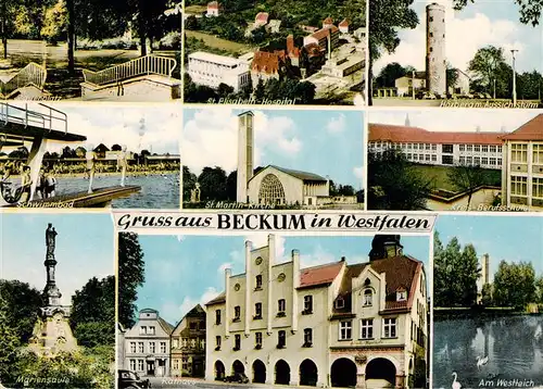 AK / Ansichtskarte 73934292 Beckum__Westfalen Marienplatz St Elisabeth Hospital Hoerberg Aussichtsturm Schwimmbad St Martin Kirche Kreis Berufsschule Mariensaeule Rathaus Westteich