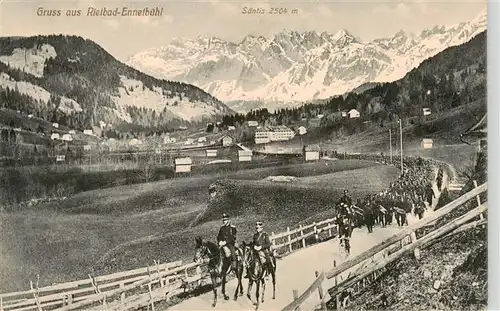 AK / Ansichtskarte  Ennetbuehl_SG Panorama mit Blick zum Saentis Soldaten zu Pferd Truppen