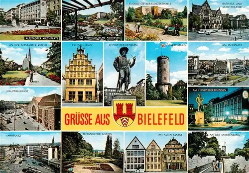 AK / Ansichtskarte  Bielefeld Altstaedter Kirchplatz Rudolf Oetker Konzerthalle Rathaus Stadttheater Hauptbahnhof Cruewell Haus Leineweber Denkmal Sparrenburg Jahnplatz Botanischer Garten Am Alten Markt An der Sparrenburg