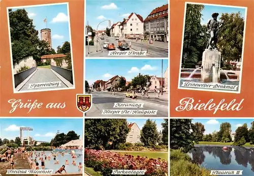 AK / Ansichtskarte  Bielefeld Sparrenburg Heeper Strasse Hauptstrasse Leineweber Denkmal Freibad Parkanlagen Stauteich III