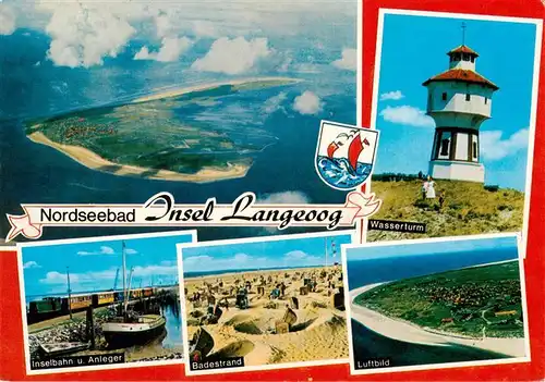 AK / Ansichtskarte 73934535 Langeoog_Nordseebad Fliegeraufnahmen Wasserturm Inselbahn Anlager Badestrand