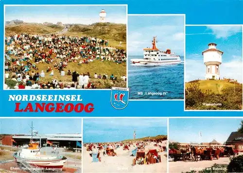 AK / Ansichtskarte  Langeoog_Nordseebad Panorama MS Langeoog IV Wasserturm Ehem Rettungsboot Langeoog Strandpartie Kutschen am Bahnhof