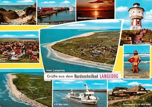 AK / Ansichtskarte  Langeoog_Nordseebad Duenen Inselbahn Abendstimmung Wasserturm Ortsansicht Insel Langeoog Wangerooge Fliegeraufnahme Lili Marleen Sonnenhof Lili Marleen