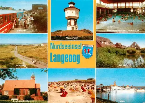 AK / Ansichtskarte 73934545 Langeoog_Nordseebad Bahnhof Wasserturm Meerwasserschwimmbad Strandweg Am See Ev Inselkirche Strand Hafen