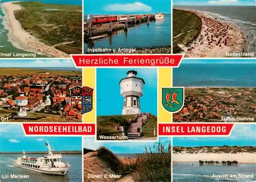 AK / Ansichtskarte 73934547 Langeoog_Nordseebad Fliegeraufnahme Inselbahn Anleger Badestrand Ort Wasserturm Fliegeraufnahme MS Lili Marleen Duenen Ausritt am Strand