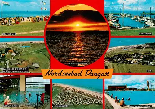 AK / Ansichtskarte 73934556 Dangast_Nordseebad Badestrand Abendstimmung Yachthafen Kuranlage Deichhoern Ortsansicht Schwimmhalle Campingplatz Meerwasserquellbad