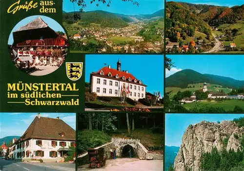 AK / Ansichtskarte 73934734 Muenstertal__Schwarzwald Schwarzwaldhaus Panorama Rathaus Gasthof zum Loewen Teufelsgrund Stollen Felsen