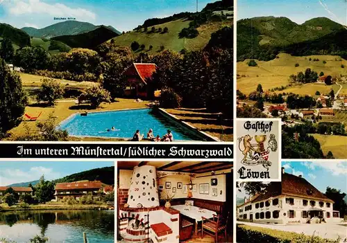 AK / Ansichtskarte  Muenstertal__Schwarzwald Schwimmbad Panorama Gondelteich Gasthof zum Loewen Gaststube