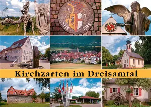AK / Ansichtskarte 73934783 Kirchzarten Skulpturen Rathaus Panorama Kirche Schoss Fahnenplatz Muehle