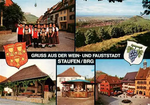 AK / Ansichtskarte  Staufen__Breisgau Trachtengruppe Panorama Weinbrunnen Marktplatz