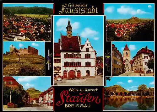 AK / Ansichtskarte  Staufen__Breisgau Fliegeraufnahme Burgrune Rathaus Panorama Gondelteich